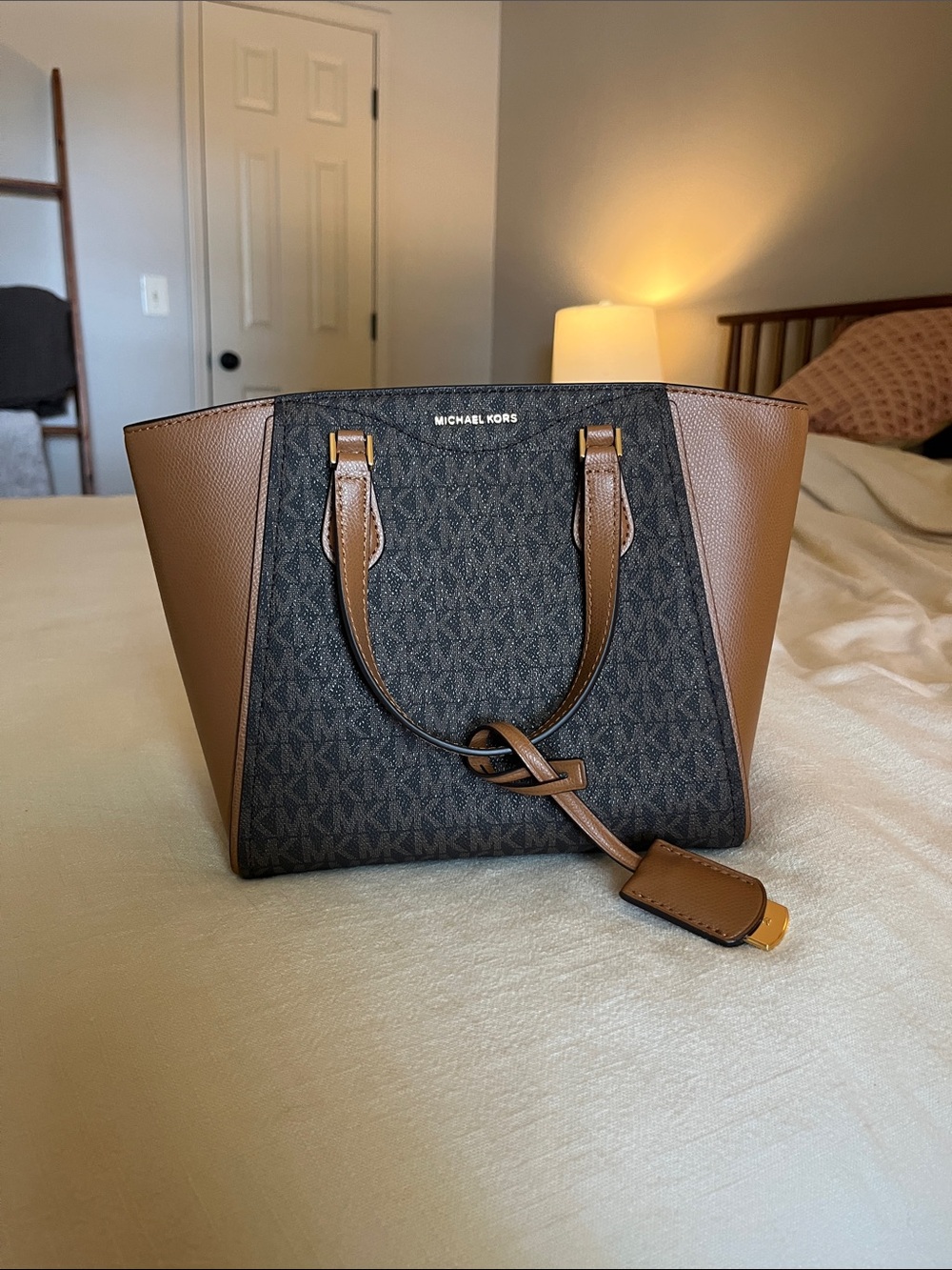 Michael Kors Brown and Black MK Signature Tote with Leather Trim